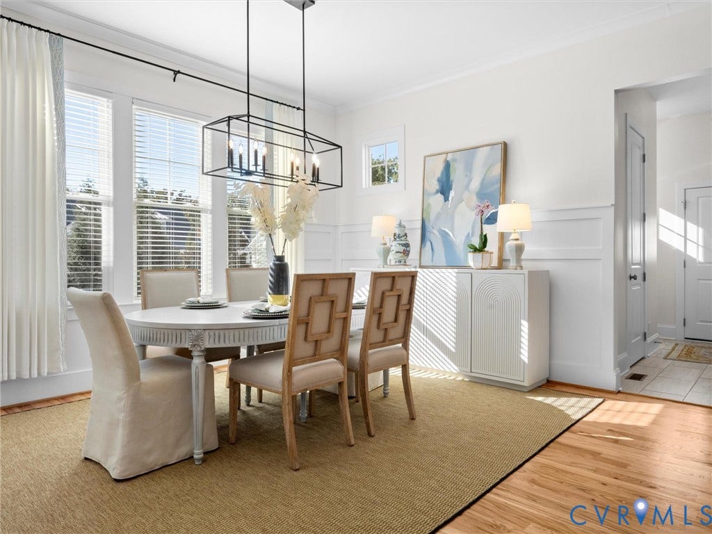 1412 Ascot Hill Terrace, Midlothian, VA 23112 Dining area featuring wood-finish flooring, white wall wainscoting, multi-pane windows, and a rectangular metal-frame pendant light fixture