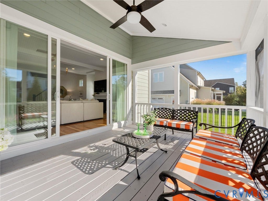 1412 Ascot Hill Terrace, Midlothian, VA 23112 Screened-in porch featuring gray composite decking, horizontal siding, white balustrades, and a ceiling-mounted light fixture with a fan