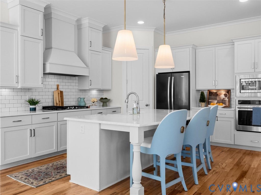 1412 Ascot Hill Terrace, Midlothian, VA 23112 Kitchen featuring white cabinetry, center island with stone countertop, subway tile backsplash, stainless steel built-in appliances, and wood-finish flooring