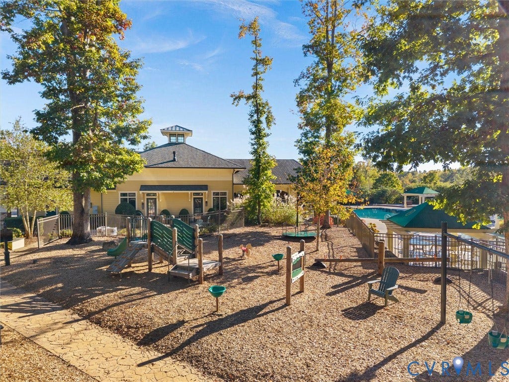 1412 Ascot Hill Terrace, Midlothian, VA 23112 Recreational area featuring a playground with integrated play structures, wood mulch surfacing, fenced outdoor swimming pool, and mature trees