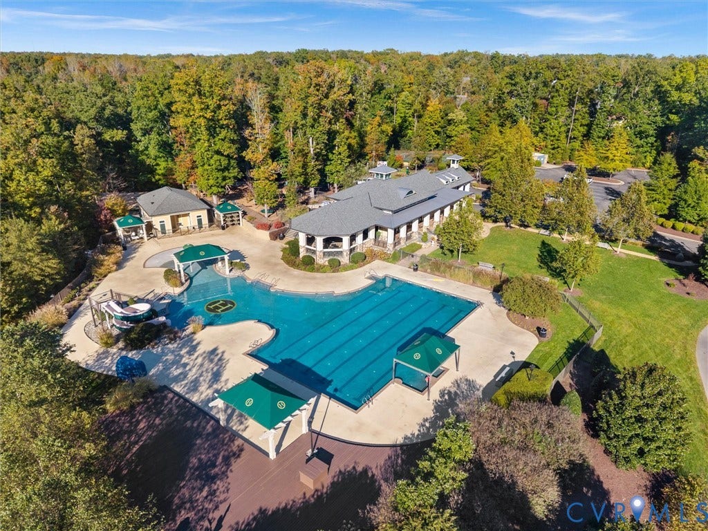 1412 Ascot Hill Terrace, Midlothian, VA 23112 Outdoor recreation area featuring a lap-style swimming pool, integrated water slide, covered cabana structures, concrete pool deck, and landscaped grounds