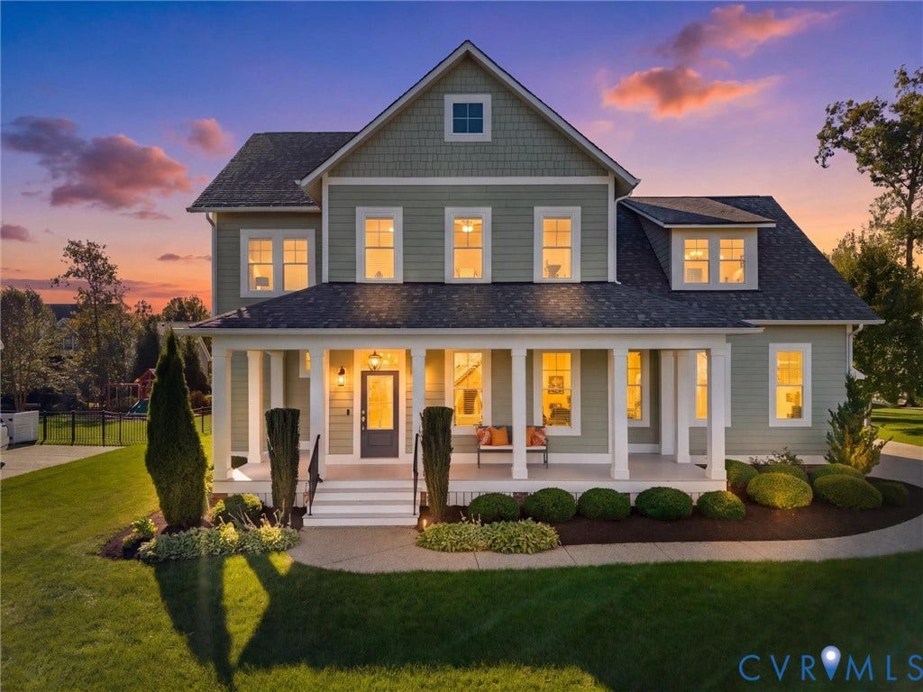 1412 Ascot Hill Terrace, Midlothian, VA 23112 Craftsman-style residence featuring horizontal lap siding, shingle-style gable accents, an expansive full-width covered front porch with square columns, and a landscaped front yard with curated shrubbery