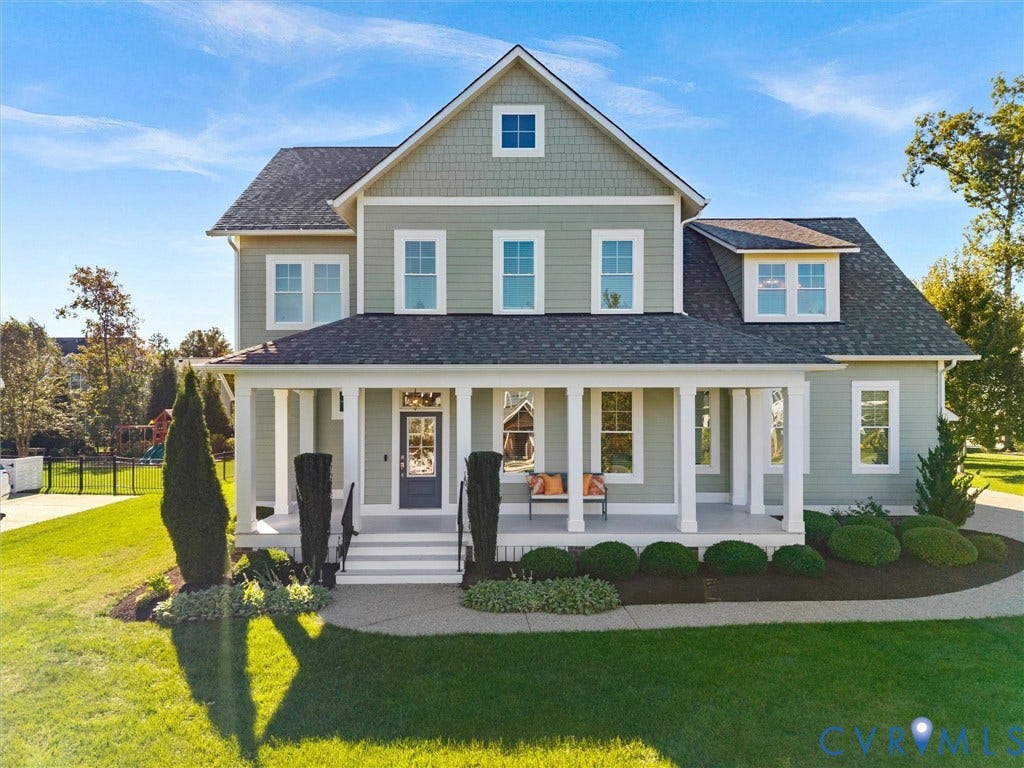 1412 Ascot Hill Terrace, Midlothian, VA 23112 Two-story home featuring horizontal lap and shake siding, a covered front porch with column supports, and an asphalt shingle roof