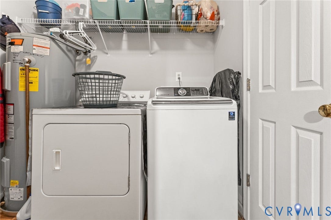 17030 Courtney Road, Reedy Church District, Hanover, VA 23069 Laundry area featuring a metal wire shelving unit, a water heater, and a multi-panel interior door