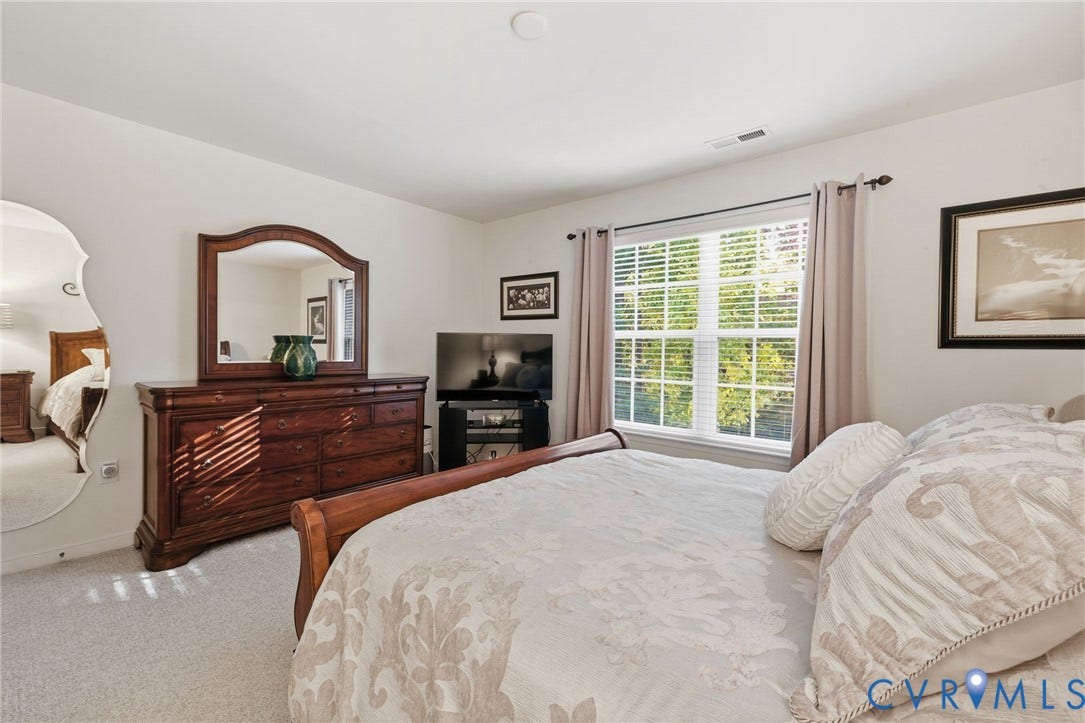 621 Scotter Hills Court, Midlothian, VA 23114 Room featuring wall-to-wall carpeting, a multi-pane window with horizontal blinds, and a full-length arched wall mirror