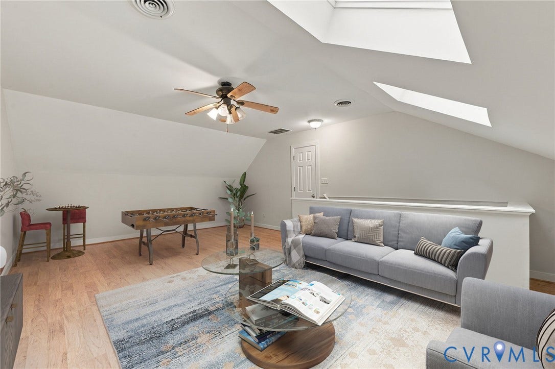 2654 Academy Road, Powhatan, VA 23139 Vaulted ceilings featuring dual skylights, vinyl flooring, and a ceiling fan with integrated lighting. Virtually staged concept