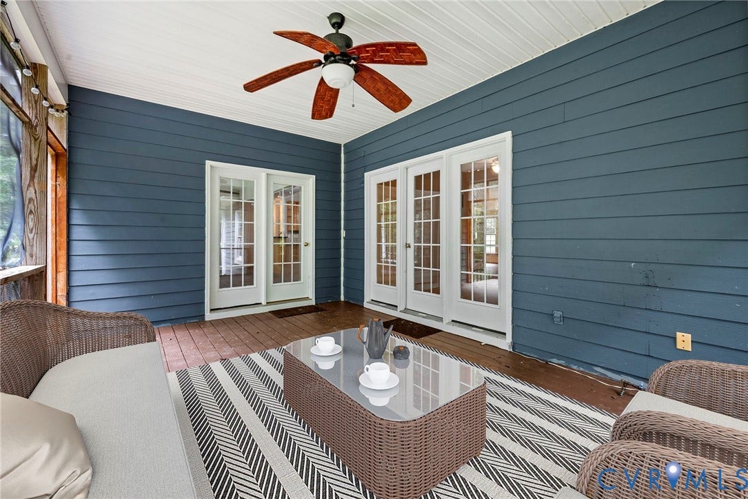 2654 Academy Road, Powhatan, VA 23139 Screened porch featuring wood-finish decking, white beadboard ceiling, and a ceiling fan with integrated lighting. Virtually staged concept