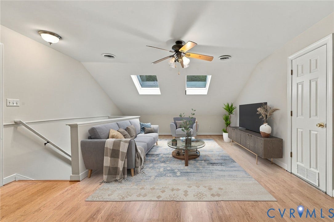 2654 Academy Road, Powhatan, VA 23139 Vaulted ceilings featuring dual skylights, vinyl flooring, and a ceiling fan with integrated lighting. Virtually staged concept
