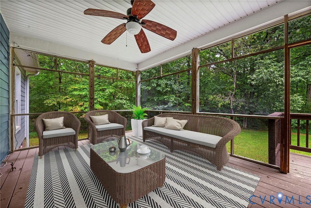 2654 Academy Road, Powhatan, VA 23139 Screened porch featuring wood-finish decking, white beadboard ceiling, and a ceiling fan with integrated lighting. Virtually staged concept