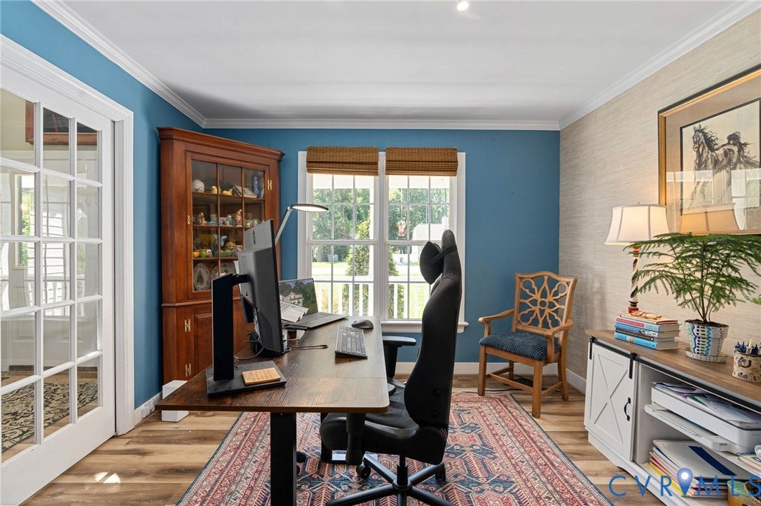 4427 Tweedsmuir Court, Midlothian, VA 23120 Room featuring wood-finish flooring, crown molding, a built-in corner hutch, textured wall covering, and a French-style glass pane door