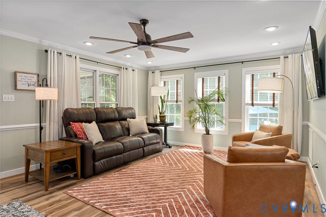 4427 Tweedsmuir Court, Midlothian, VA 23120 Living area featuring wood-finish flooring, a ceiling fan with integrated lighting, recessed lighting, and crown molding