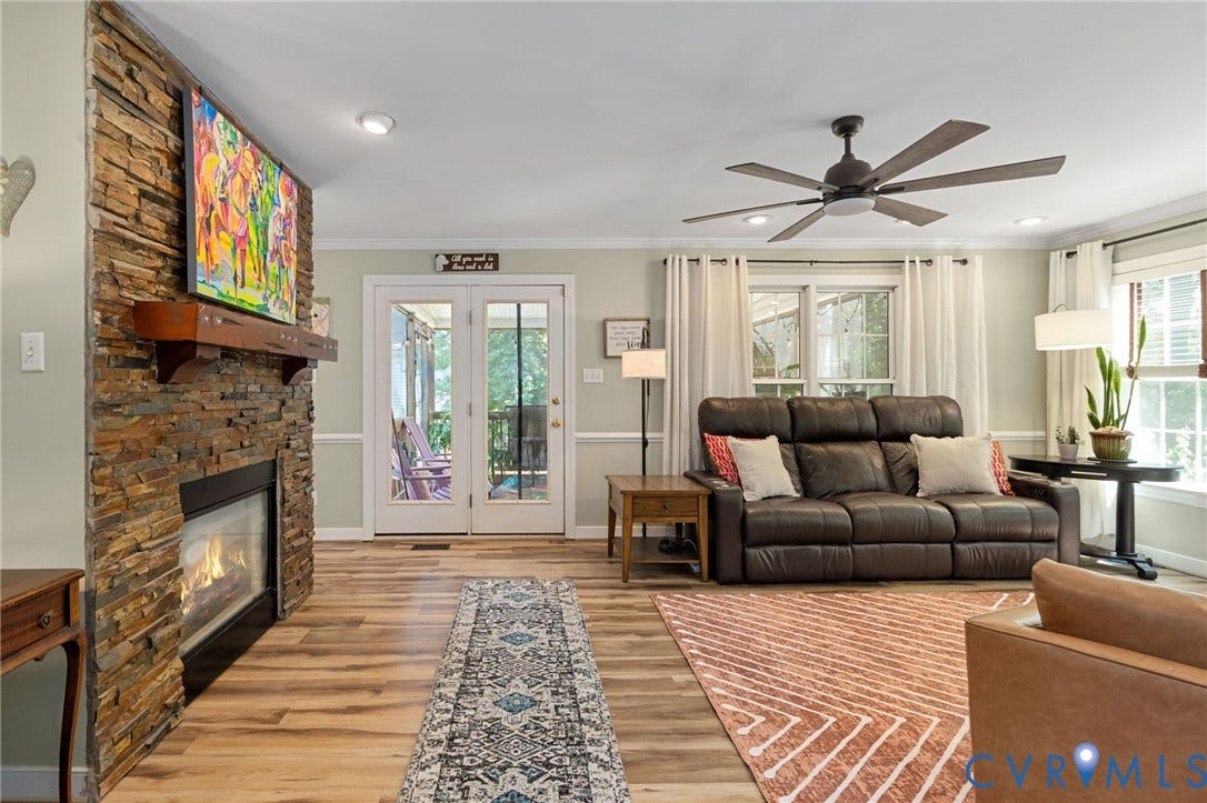 4427 Tweedsmuir Court, Midlothian, VA 23120 Stacked stone fireplace with a prominent wood mantel, wood-finish flooring, recessed lighting, ceiling fan, and double-door entry