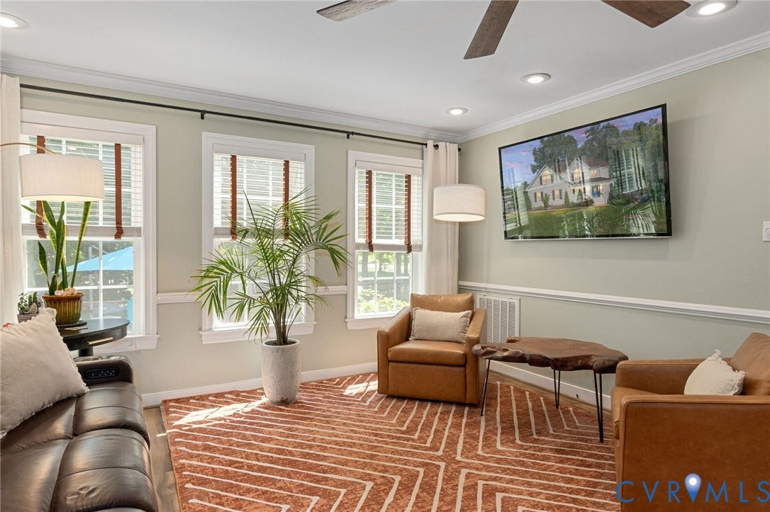 4427 Tweedsmuir Court, Midlothian, VA 23120 Three windows with multi-pane glazing, recessed ceiling lighting, crown molding, chair rail molding, and a ceiling fan