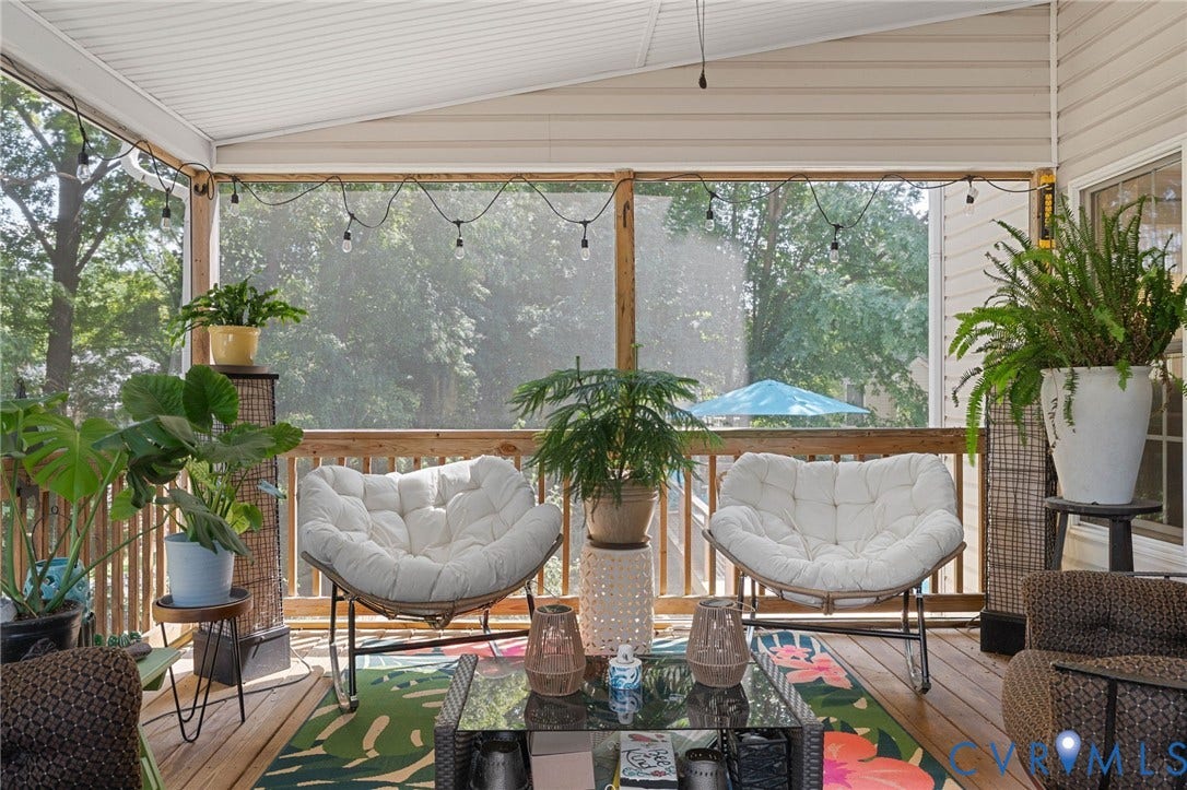 4427 Tweedsmuir Court, Midlothian, VA 23120 Screened-in porch featuring a wood-plank deck, overhead ceiling panels, and a wood-slat railing