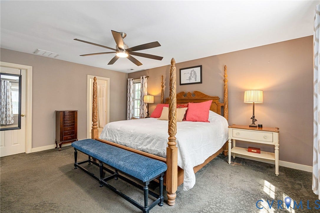 4427 Tweedsmuir Court, Midlothian, VA 23120 Spacious room featuring neutral wall tones, multi-tone patterned carpeting, and a multi-blade ceiling fan with integrated lighting