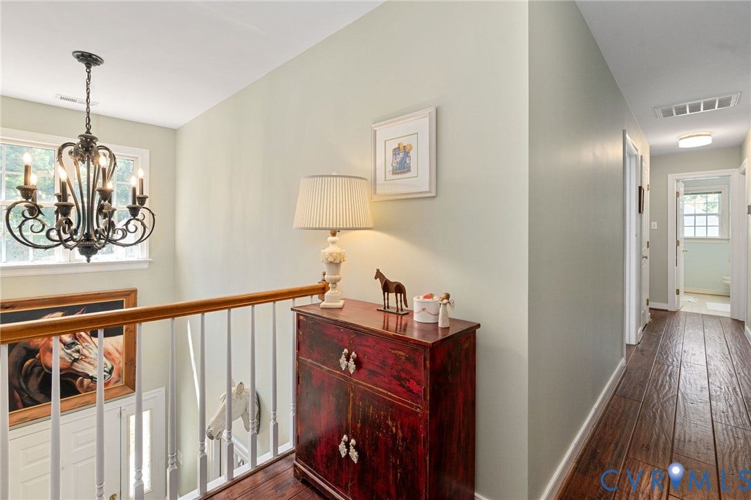 4427 Tweedsmuir Court, Midlothian, VA 23120 Hardwood flooring, ornate metal chandelier, and wooden staircase railing with vertical balusters