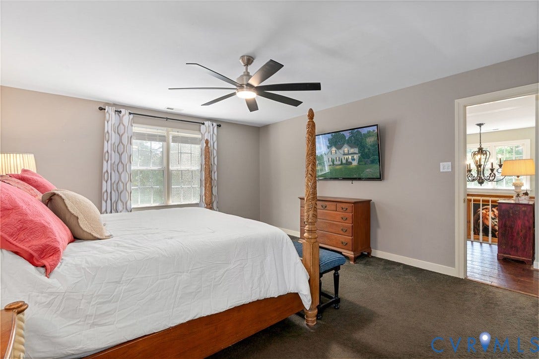 4427 Tweedsmuir Court, Midlothian, VA 23120 Neutral-toned interior space featuring a multi-blade ceiling fan, wall-mounted television, and dual-window assembly with integrated hardware