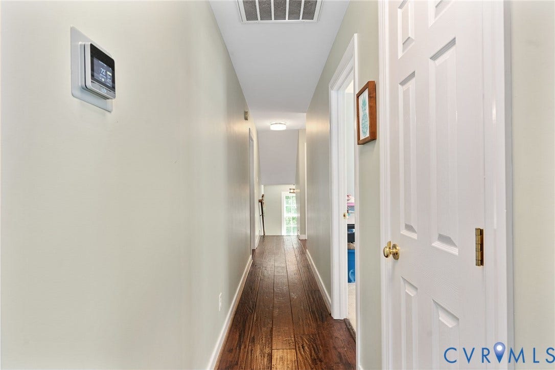 4427 Tweedsmuir Court, Midlothian, VA 23120 Hallway featuring dark wood-finish flooring, white paneled doors, and a digital programmable thermostat