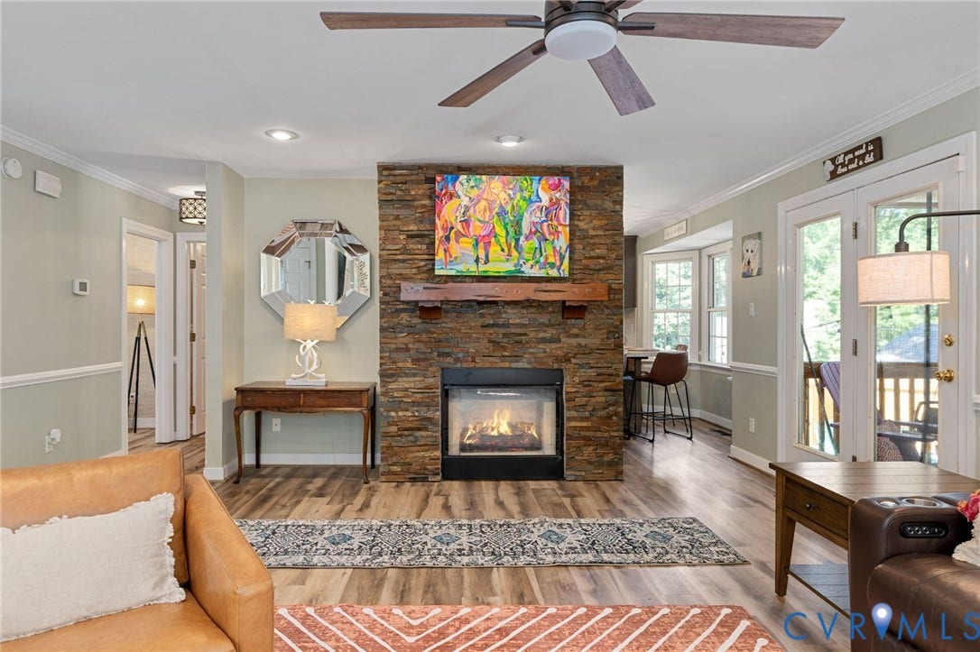 4427 Tweedsmuir Court, Midlothian, VA 23120 Floor-to-ceiling stacked stone fireplace with a natural wood mantel, wood-finish flooring, recessed lighting, ceiling fan, and double-door access to an exterior space