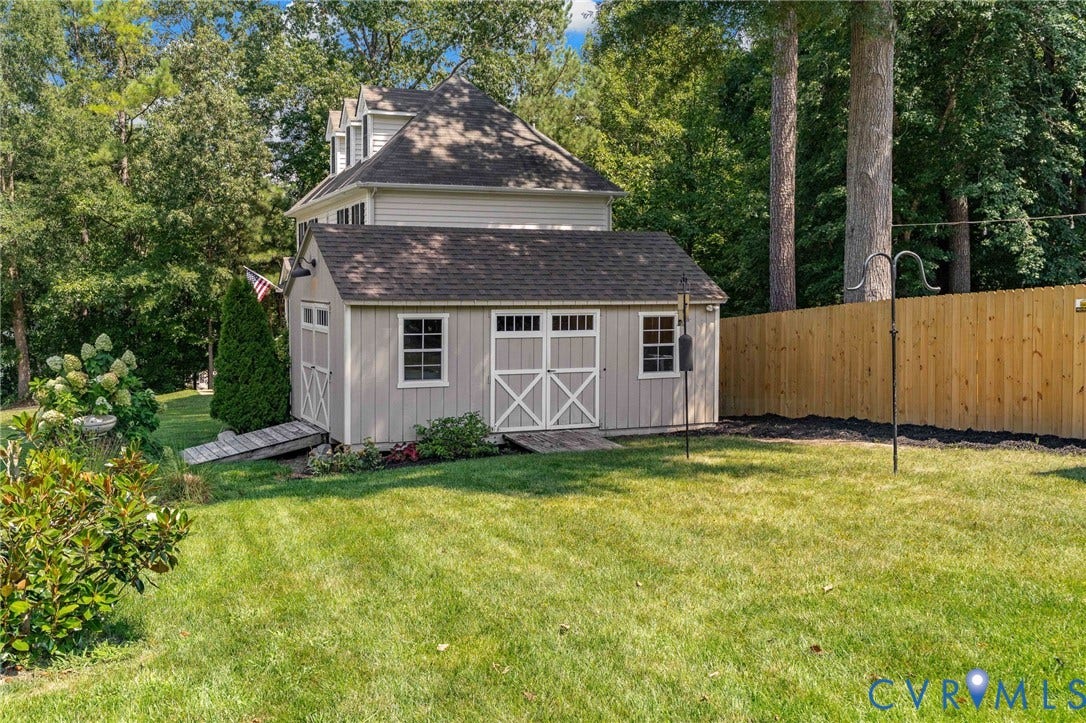 4427 Tweedsmuir Court, Midlothian, VA 23120 Backyard featuring a detached storage shed, privacy fencing, manicured lawn, and mature trees