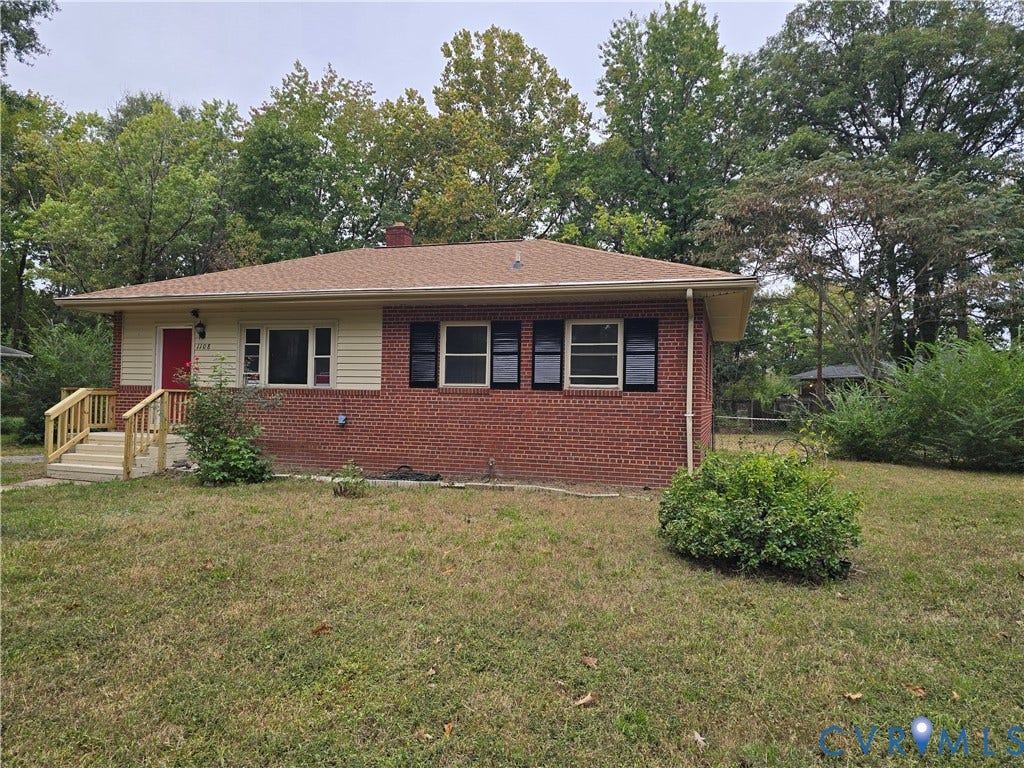 1108 Pierpont Road, Richmond, VA 23225 Single-story residence featuring a brick and horizontal siding exterior, hipped roof, decorative window shutters, and a wooden front staircase