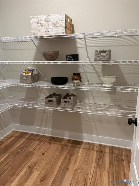 8860 Emily Jane Place, Quinton, VA 23141 Spacious storage area featuring L-shaped wire shelving, wood-finish flooring, white baseboards, and a paneled door with a black knob