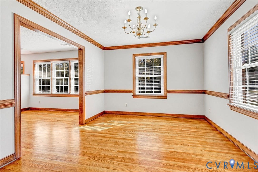6432 Bellflower Circle, Mechicsville, Mechanicsville, VA 23111 Room featuring wood-finish flooring, multi-pane windows with horizontal blinds, decorative chair rail molding, ceiling-mounted chandelier, and wood-finish door casing