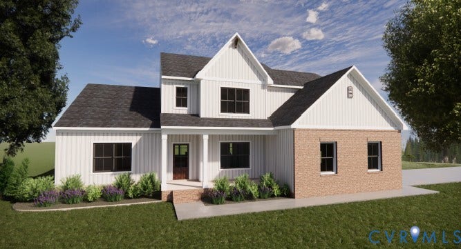 14270 Tower Road, Scotchtown Estates, Montpelier, VA 23047 Two-story exterior featuring vertical siding, a brick facade, a covered porch with column supports, and a multi-gable roofline