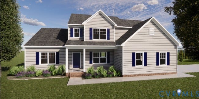 14270 Tower Road, Scotchtown Estates, Montpelier, VA 23047 Two-story traditional exterior featuring horizontal siding, decorative window shutters, a covered front entryway, and brick foundation trim