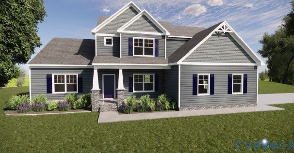 14270 Tower Road, Scotchtown Estates, Montpelier, VA 23047 Two-story residence featuring horizontal and shake-style siding, stone veneer accents, a covered front porch with tapered columns, and decorative gable trusses