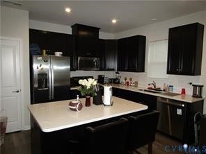 2210 Palm Court, Sandston, VA 23150 Kitchen featuring dark cabinetry, stainless steel appliances, a central island with a solid surface countertop, and recessed ceiling lighting