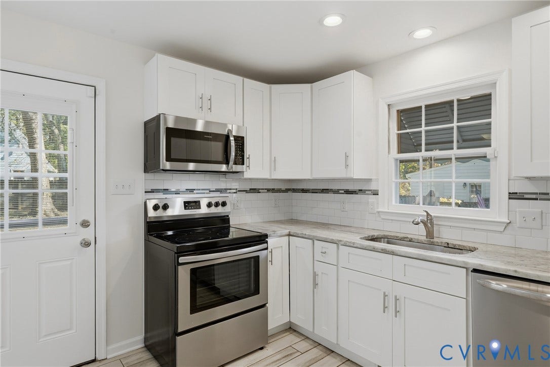 12506 Mandolin Drive, Chesterfield, VA 23113 Kitchen featuring white shaker-style cabinetry, stone-finish countertops, stainless steel appliances, subway tile backsplash with decorative inset