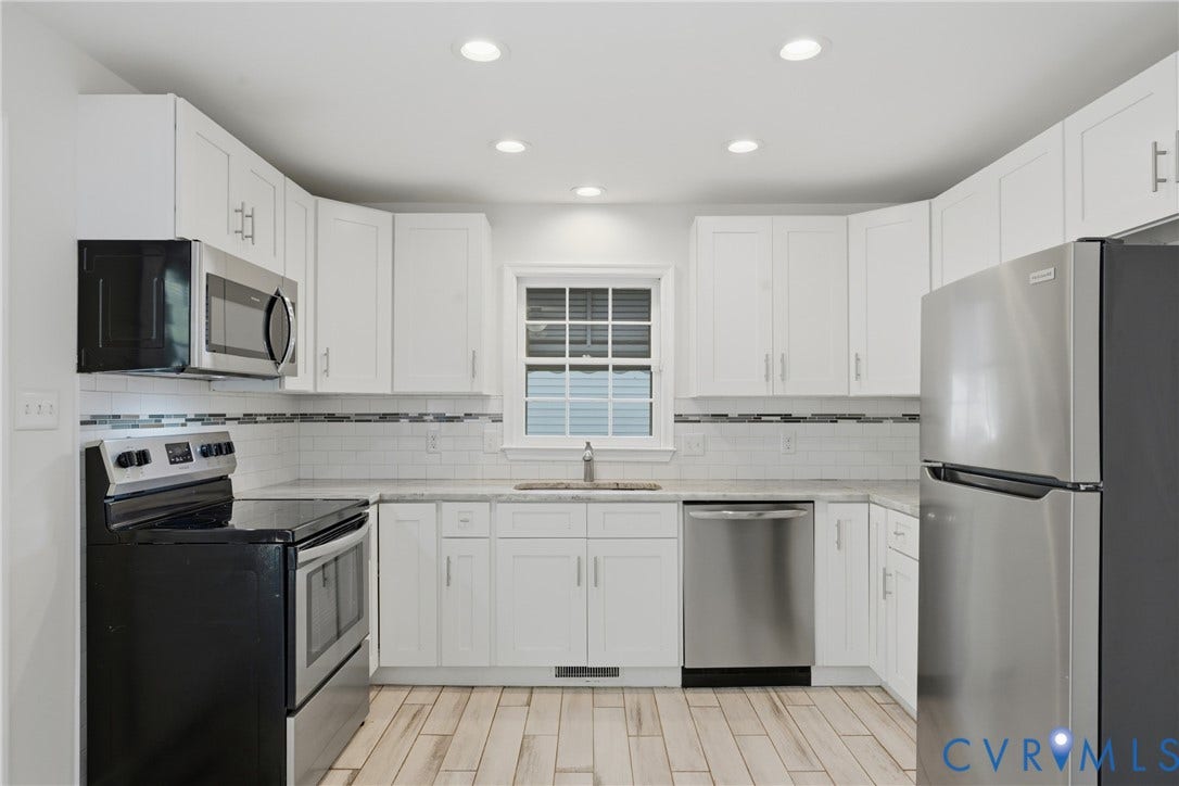 12506 Mandolin Drive, Chesterfield, VA 23113 Kitchen featuring white shaker-style cabinetry, stainless steel appliances, tiled backsplash with a decorative accent row, and quartz countertops