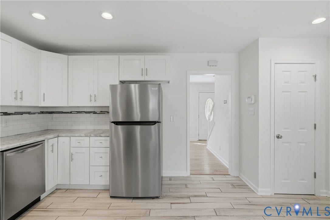 12506 Mandolin Drive, Chesterfield, VA 23113 Kitchen featuring white shaker-style cabinetry, stainless steel appliances, light-toned stone-patterned countertops, and a white subway tile backsplash