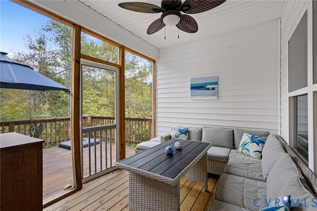 360 Anderson Mill Drive, Anderson Mill, Bumpass, VA 23024 Screened porch featuring wood plank flooring, horizontal white siding, a ceiling fan, and a door leading to a wood deck with railing