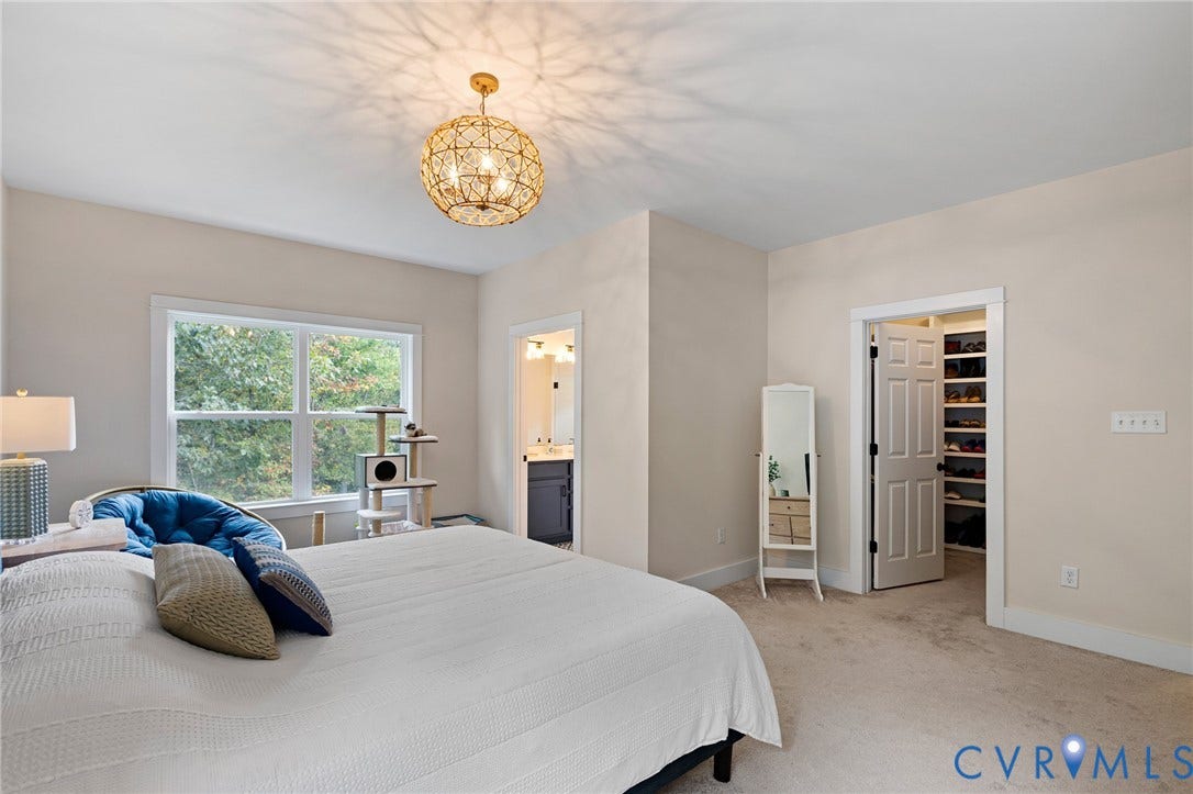 360 Anderson Mill Drive, Anderson Mill, Bumpass, VA 23024 Neutral-toned room featuring a decorative metallic sphere pendant light, walk-in closet with built-in shelving, and window with natural outdoor scenery