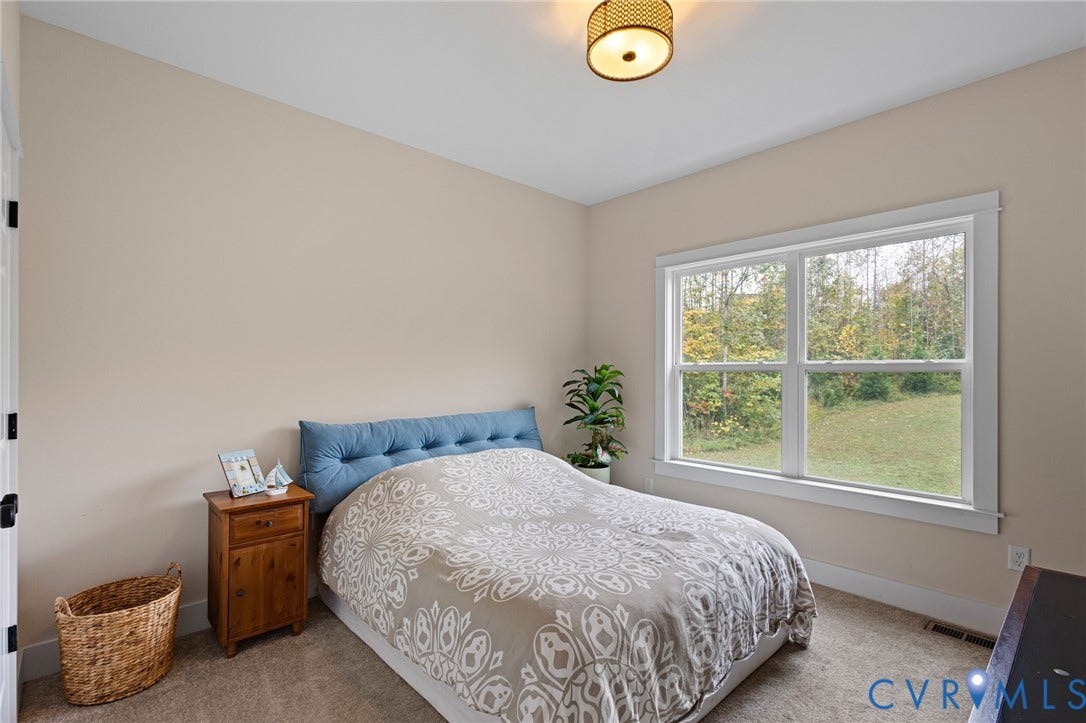 360 Anderson Mill Drive, Anderson Mill, Bumpass, VA 23024 Neutral wall tones, carpeted flooring, large double-pane window, and decorative drum-style flush-mount lighting