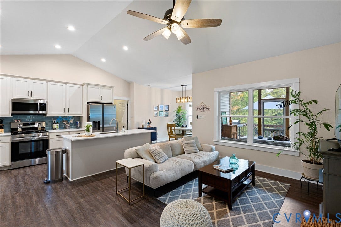 360 Anderson Mill Drive, Anderson Mill, Bumpass, VA 23024 Vaulted ceiling, white shaker-style cabinetry, stainless steel appliances, kitchen island, and wood-finish flooring