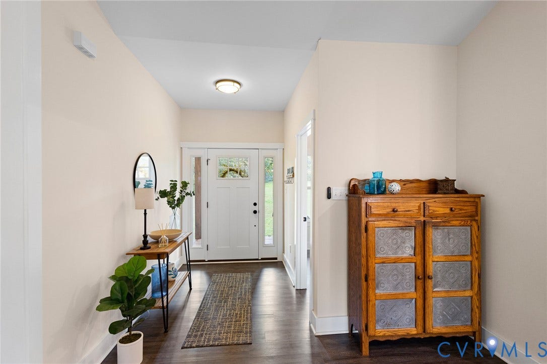 360 Anderson Mill Drive, Anderson Mill, Bumpass, VA 23024 Entryway featuring white front door with sidelights, wood-finish flooring, and flush-mount ceiling lighting