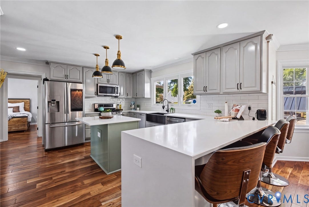 4504 Argonne Court, Glen Allen, VA 23060 Kitchen featuring white quartz countertops, grey cabinetry, stainless steel appliances, a farmhouse sink, and wood-finish flooring