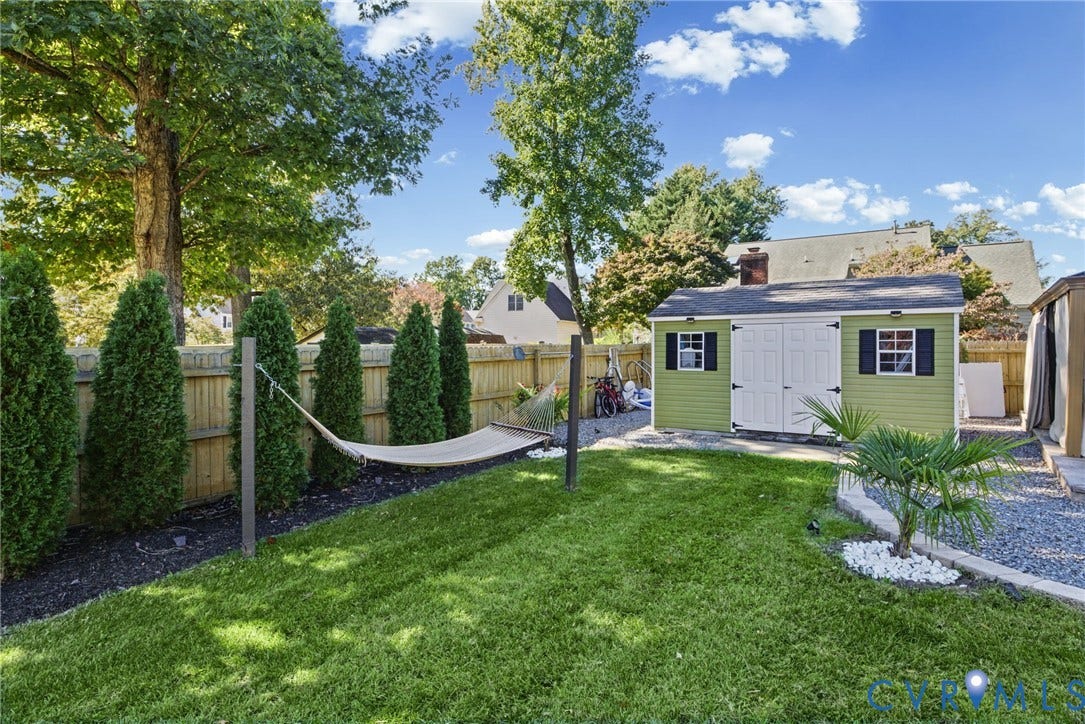 4504 Argonne Court, Glen Allen, VA 23060 Fenced backyard featuring a manicured lawn, perimeter landscaping, stone border, and a detached storage shed