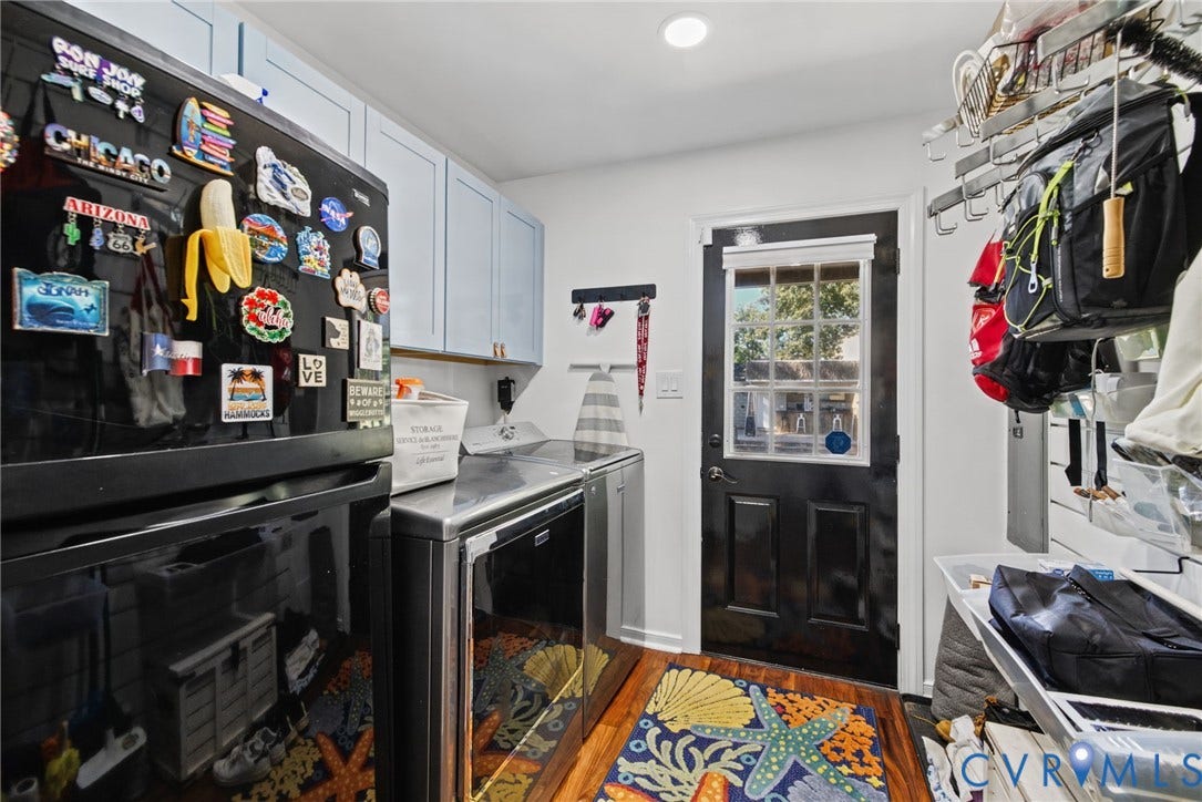 4504 Argonne Court, Glen Allen, VA 23060 Laundry area featuring light-blue cabinetry, stainless steel laundry appliances, and an exterior door with a multi-pane glass insert