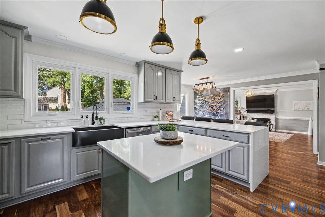4504 Argonne Court, Glen Allen, VA 23060 Kitchen featuring a central island with a quartz countertop, grey shaker-style cabinetry, a deep farmhouse sink with a matte black faucet, and pendant lighting