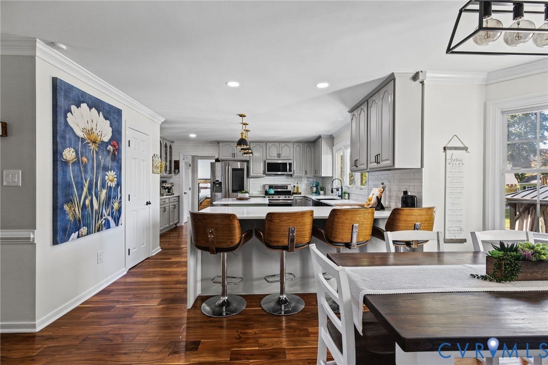 4504 Argonne Court, Glen Allen, VA 23060 Kitchen featuring wood-finish flooring, white cabinetry, quartz-surface breakfast bar, recessed lighting, and stainless steel appliances