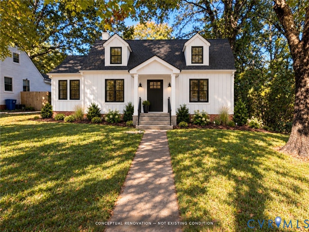 1330 Devers Road, Henrico, VA 23226 Board and batten exterior siding featuring dark-trimmed windows, a covered front entry with a gabled roofline, dual roof dormers, and a brick foundation perimeter