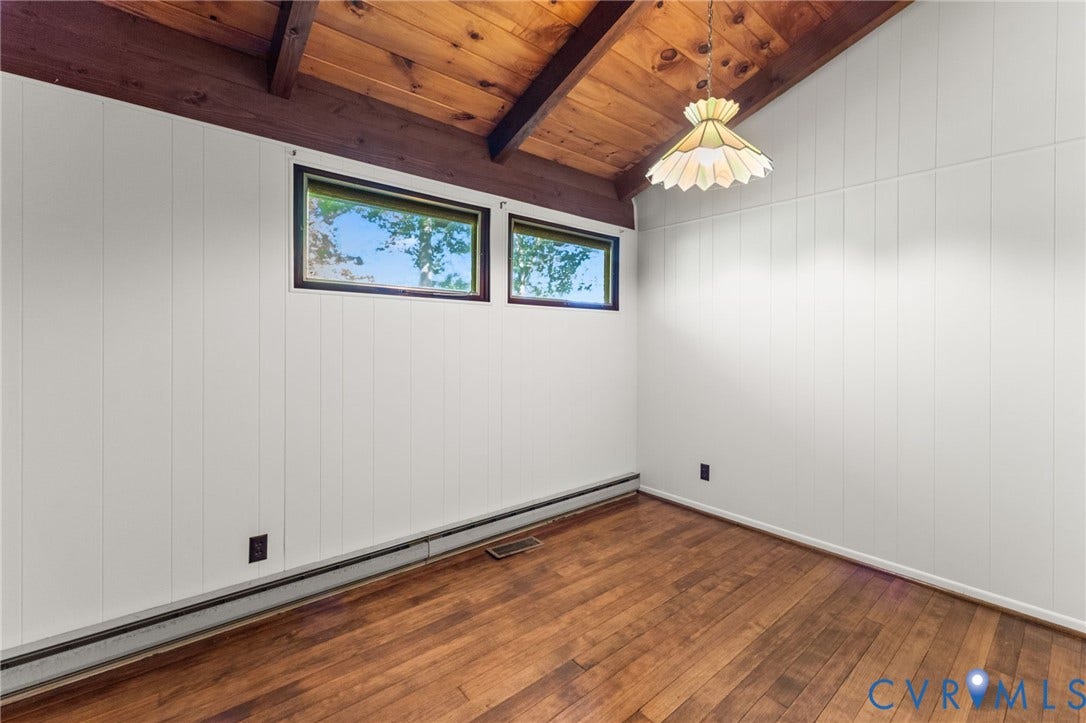 87 Pier Place, Town Of Kinsale, Kinsale, VA 22488 3rd Bedroom with vaulted, exposed cedar-beamed ceiling & wood floors.