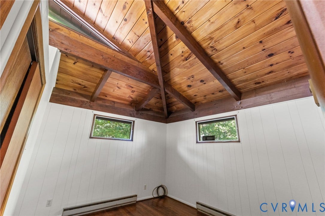 87 Pier Place, Town Of Kinsale, Kinsale, VA 22488 2nd Bedroom with vaulted, exposed cedar-beamed ceiling & wood floors.