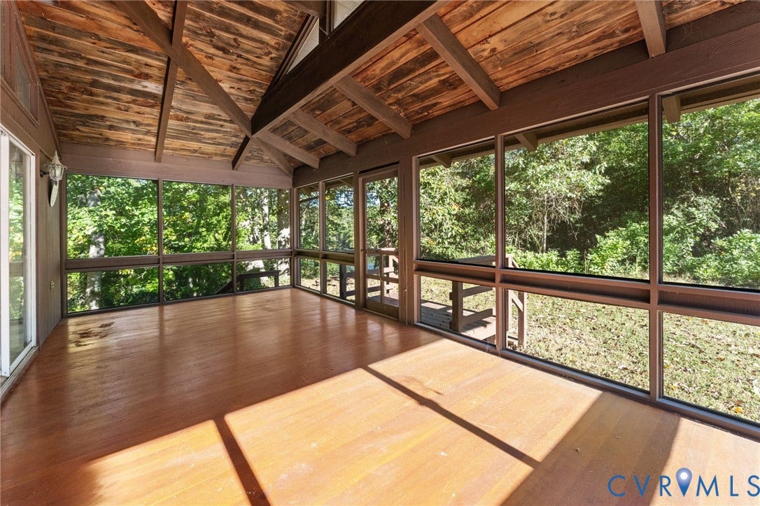 87 Pier Place, Town Of Kinsale, Kinsale, VA 22488 12' X 24' Screen Porch with exposed beams & wood floors. View of Creek from Porch.