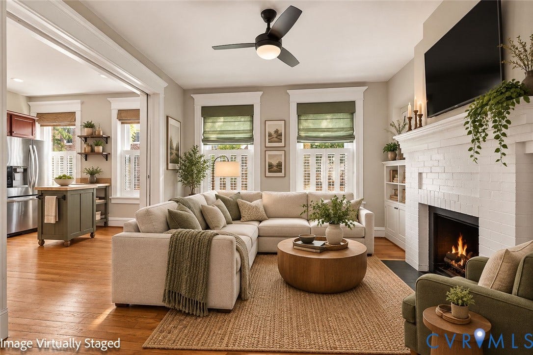 101 N Stafford Avenue, #U4, Stafford Terrace Condo, Richmond, VA 23220 Living area featuring wood-finish flooring, a white-painted brick fireplace, built-in cabinetry, and a ceiling fan