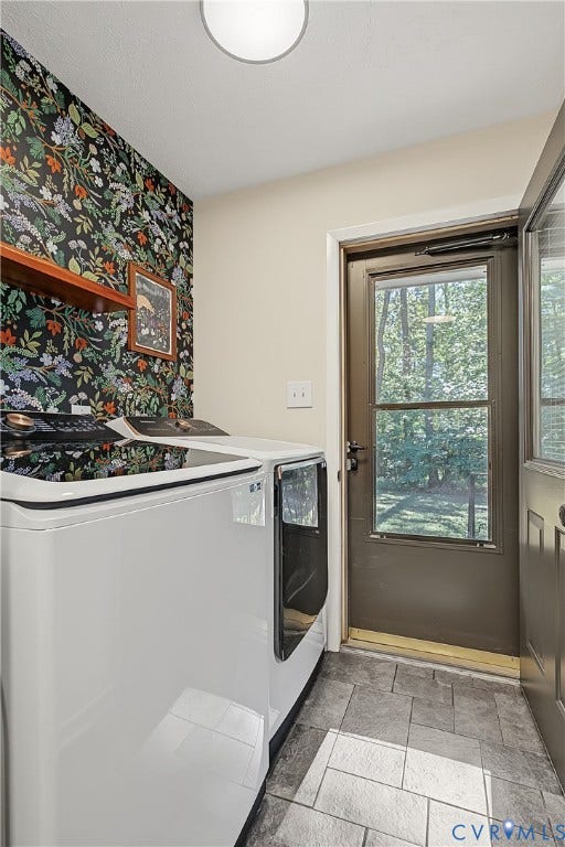 3800 Pheasant Hollow Drive, Henrico, VA 23231 Utility space featuring patterned wallpaper, ceramic tile flooring, a wall-mounted wooden shelf, and a glass-paneled exterior door